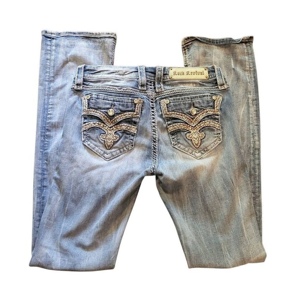 Vintage Y2K Rock Revival Jeans Women's 28 Blue Mid Rise Bootcut Fleur De Lis